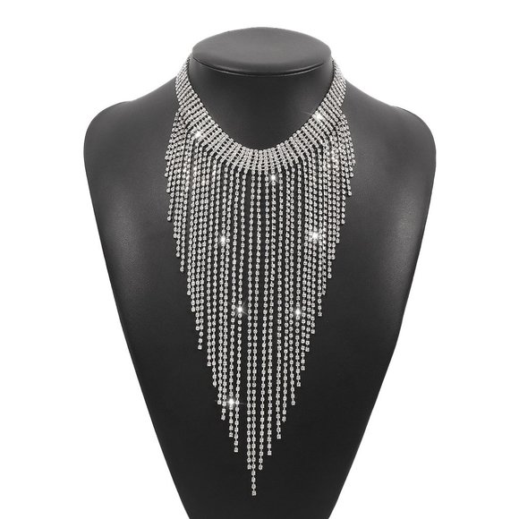 Jewelry - Bling Silver Crystal Long Drop Tassel Choker Necklace - Party Evening Statement